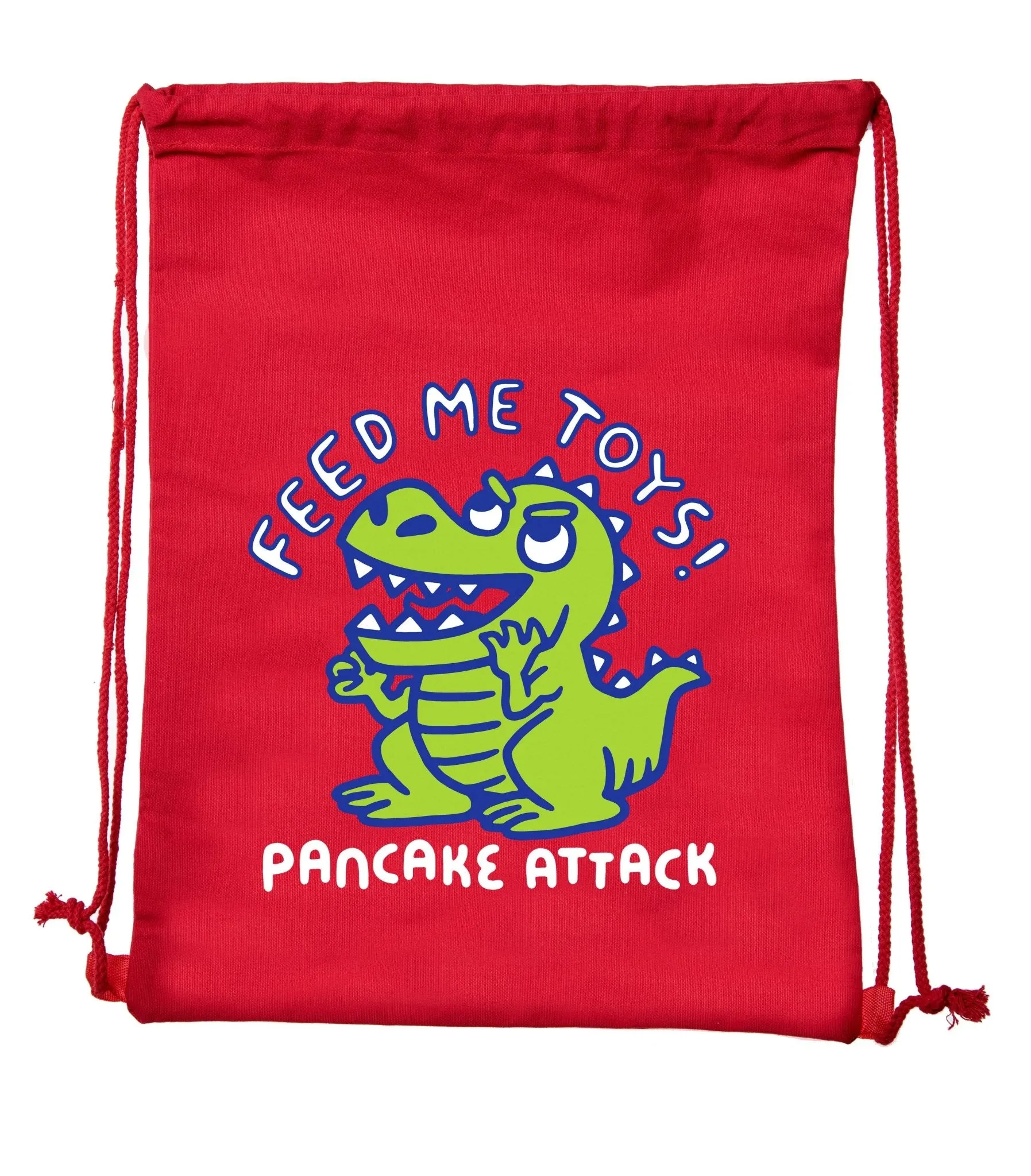 100 PK Revive Red Cotton Drawstring Bag With "Pancake Attack Dinosaur"