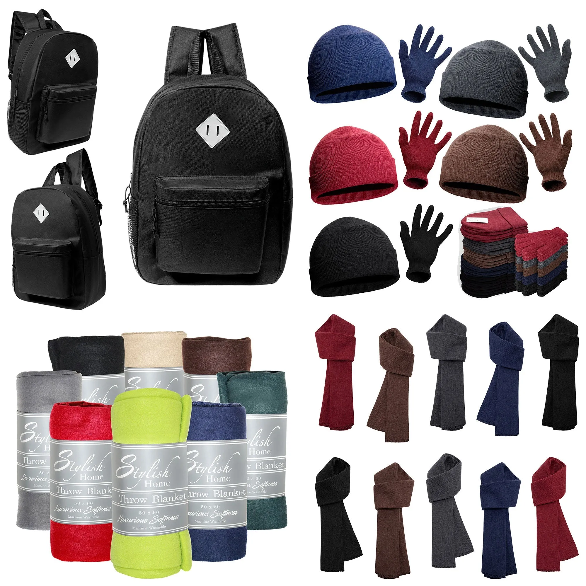 12 Reflective Patch 17" Black Backpacks & Your Choice of 12 Winter Item Sets - Wholesale Care Package: Homeless, Emergency, Charity