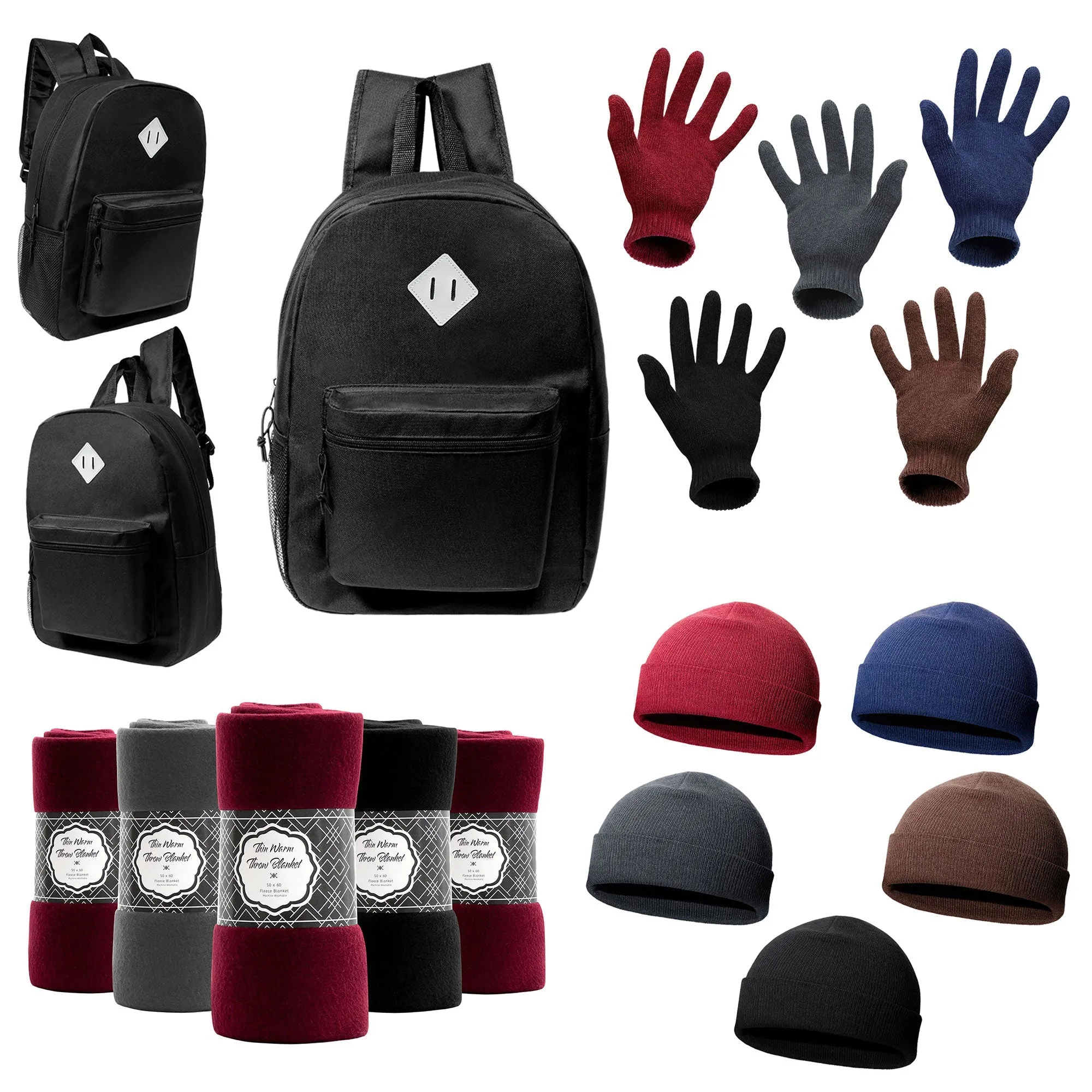 12 Reflective Patch 17" Black Backpacks & Your Choice of 12 Winter Item Sets - Wholesale Care Package: Homeless, Emergency, Charity