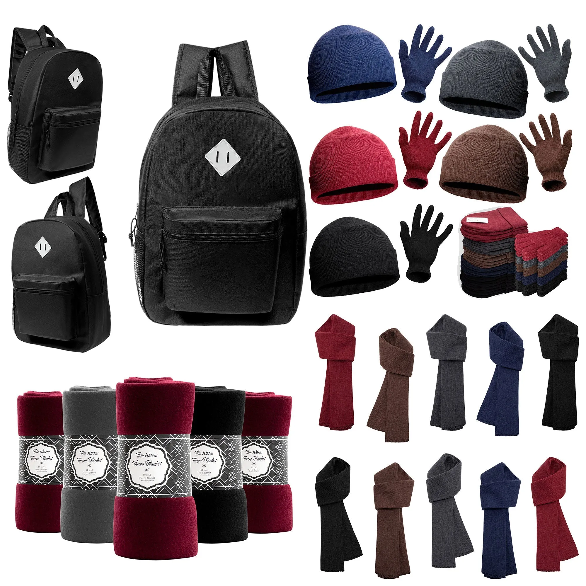 12 Reflective Patch 17" Black Backpacks & Your Choice of 12 Winter Item Sets - Wholesale Care Package: Homeless, Emergency, Charity