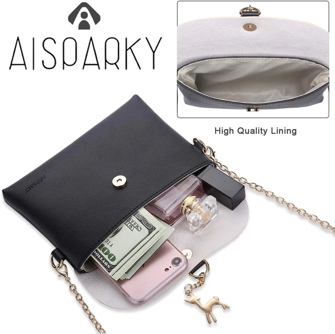 AISPARKY Small Crossbody Purse,PU Leather Small Purse for Womens and Girls With Pendant With Strap/Gold Chain Strap