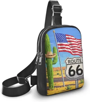 American Travel Small Crossbody Bags for Women Pixel Art Sling Chest Bag, Route 66 Print Daypack Crossbody Purse Hiking Chest Packs PU Leather