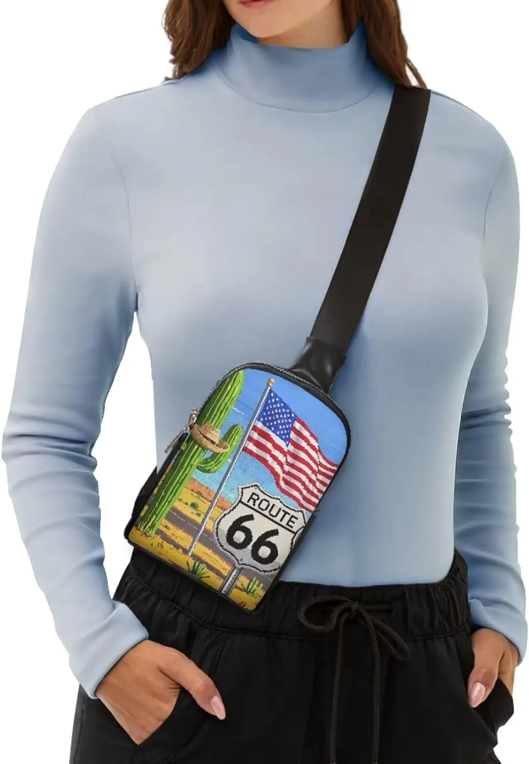 American Travel Small Crossbody Bags for Women Pixel Art Sling Chest Bag, Route 66 Print Daypack Crossbody Purse Hiking Chest Packs PU Leather