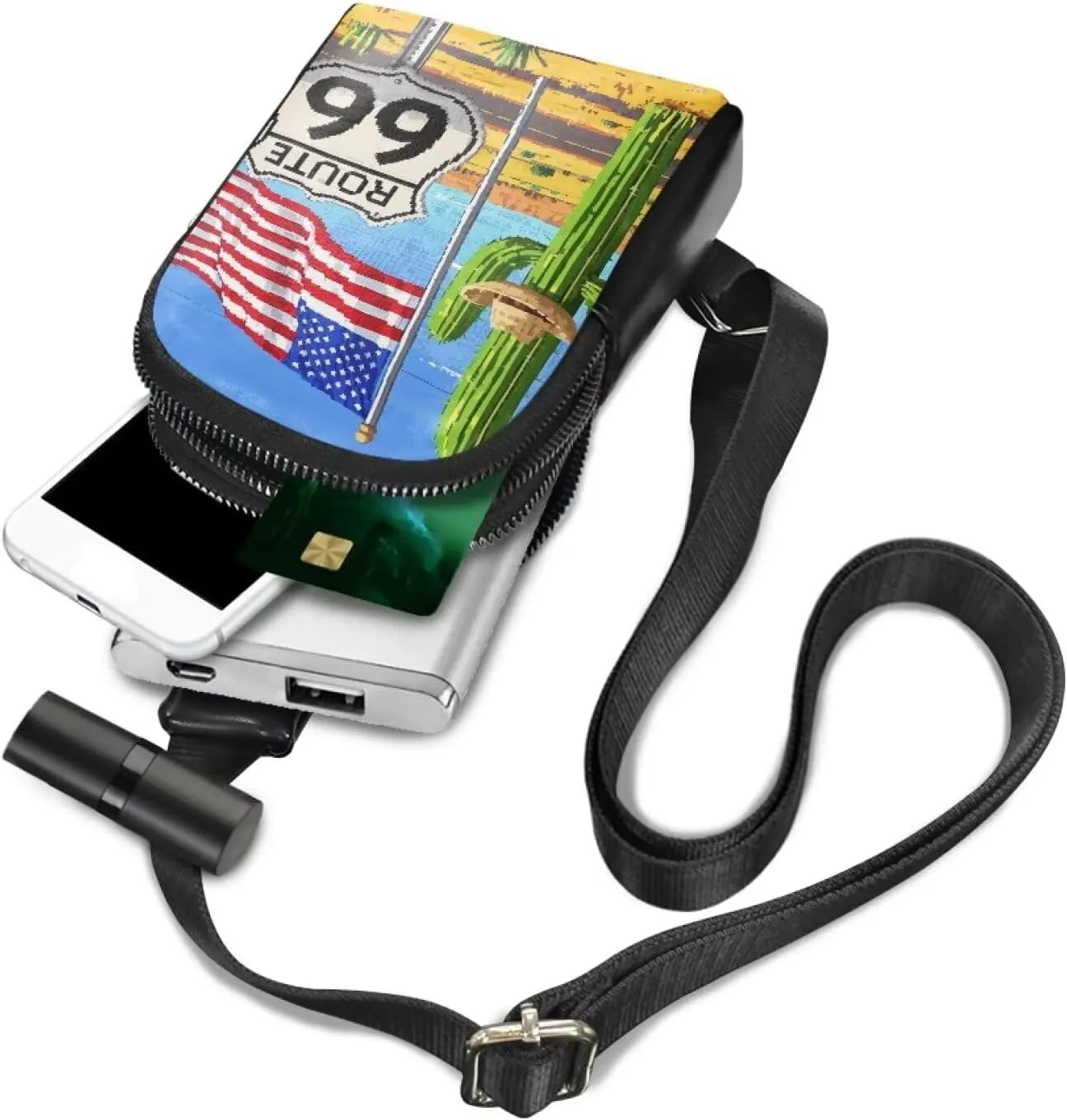American Travel Small Crossbody Bags for Women Pixel Art Sling Chest Bag, Route 66 Print Daypack Crossbody Purse Hiking Chest Packs PU Leather