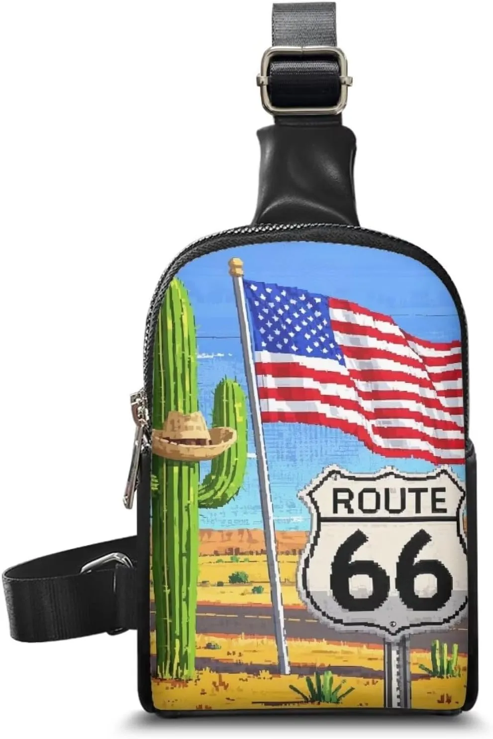 American Travel Small Crossbody Bags for Women Pixel Art Sling Chest Bag, Route 66 Print Daypack Crossbody Purse Hiking Chest Packs PU Leather