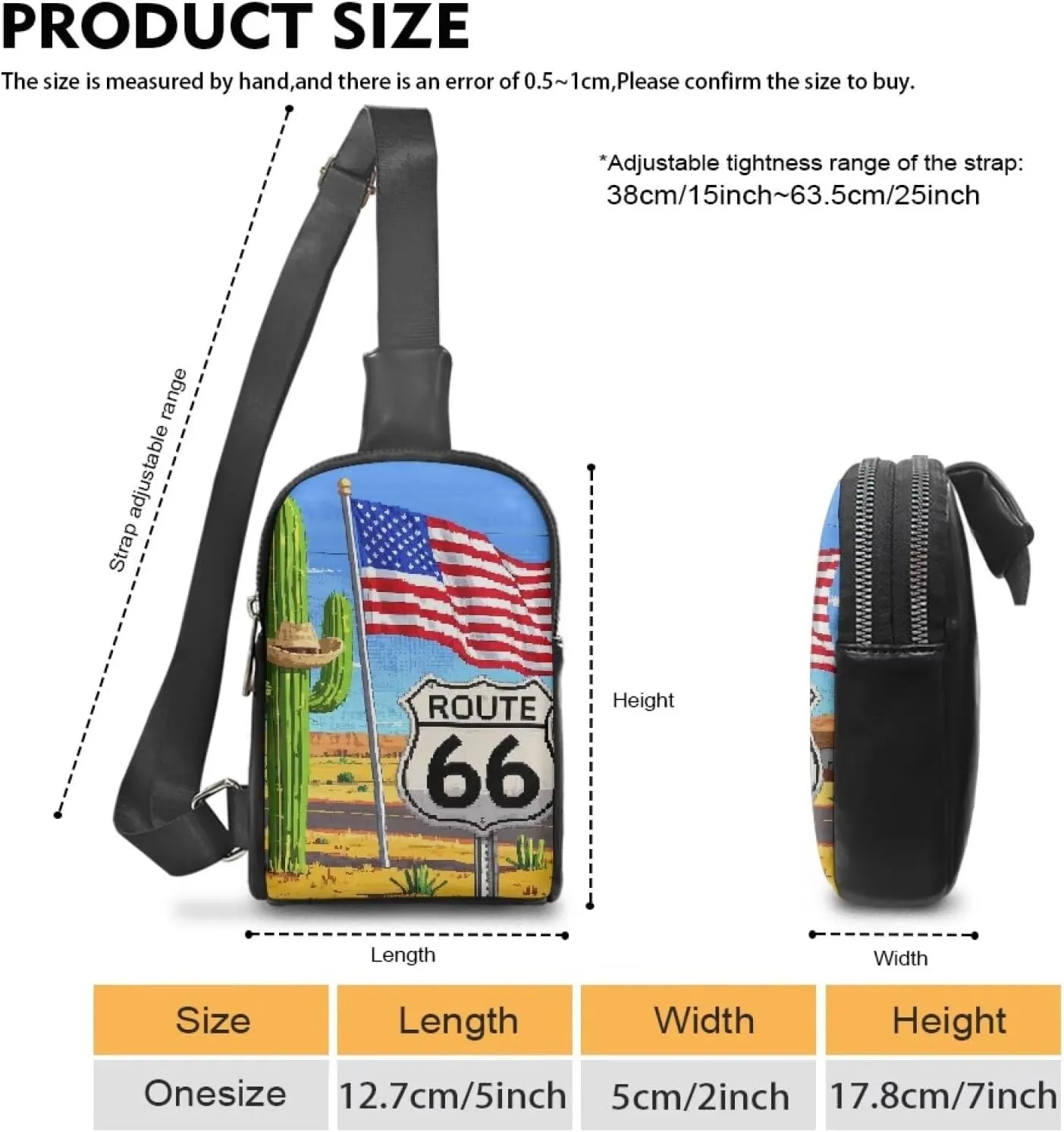 American Travel Small Crossbody Bags for Women Pixel Art Sling Chest Bag, Route 66 Print Daypack Crossbody Purse Hiking Chest Packs PU Leather