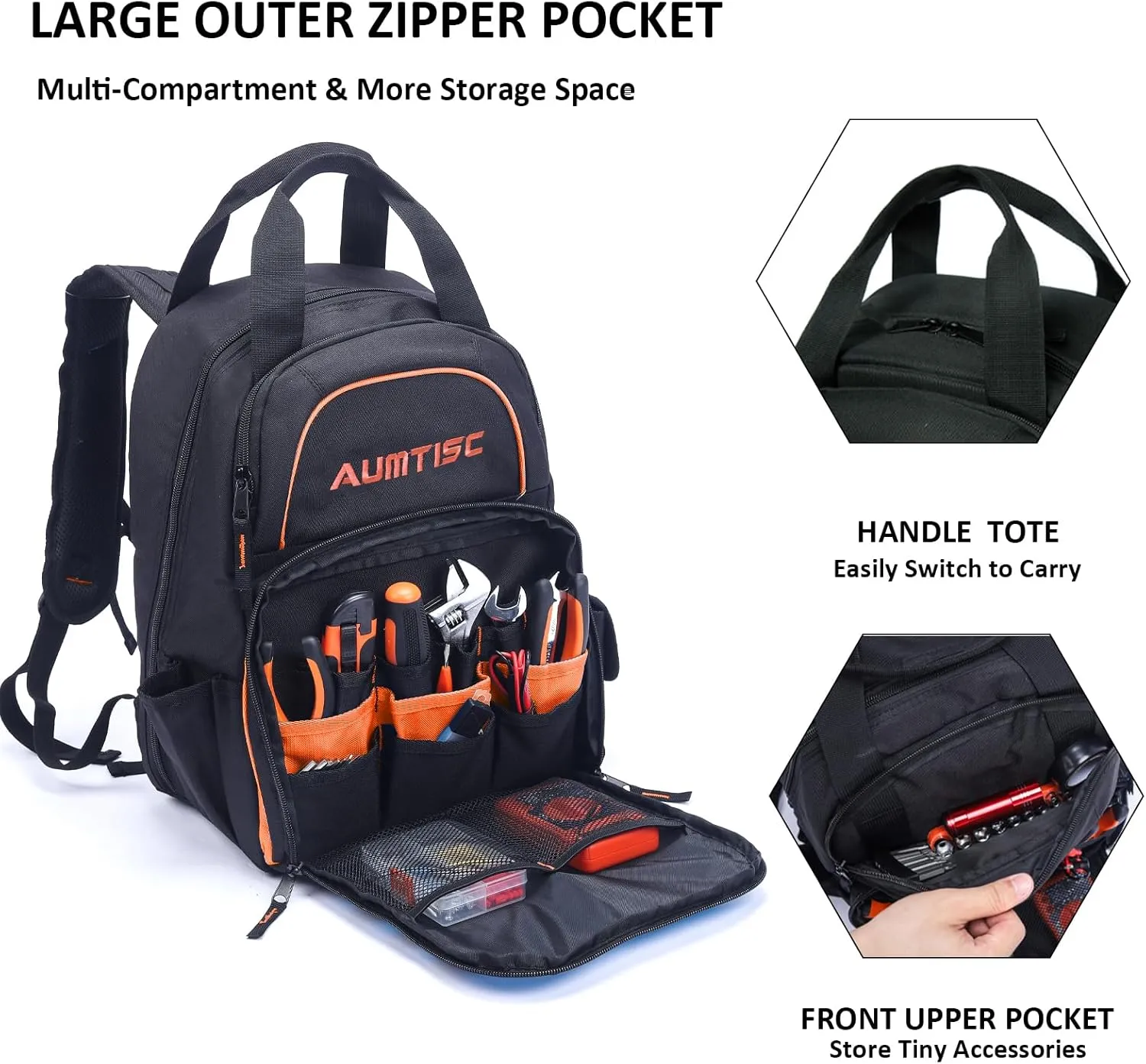 AUMTISC Tool Bag Backpack for Men, Heavy-Duty Tools Storage Organizer Work Bags Backpack for Construction Jobsite, Electrician, Industrial, Repairman, and HVAC Techs, Orange
