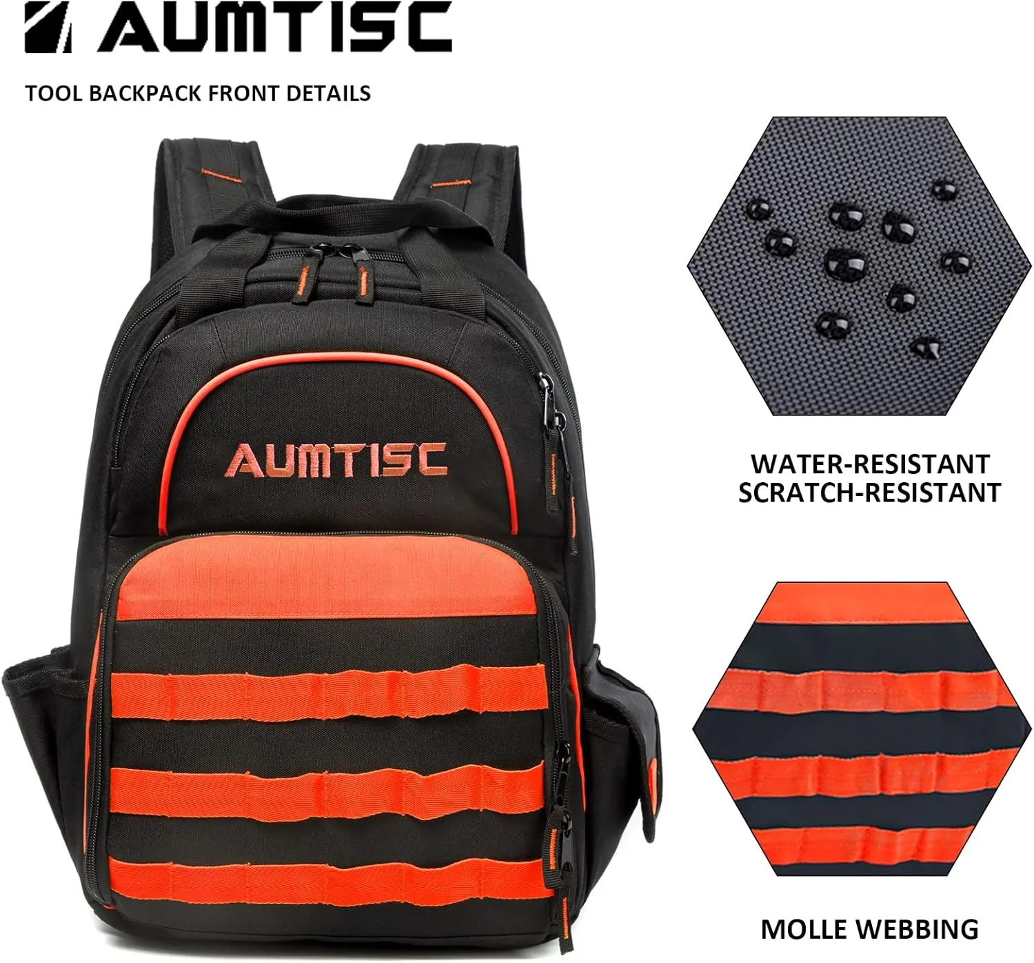 AUMTISC Tool Bag Backpack for Men, Heavy-Duty Tools Storage Organizer Work Bags Backpack for Construction Jobsite, Electrician, Industrial, Repairman, and HVAC Techs, Orange