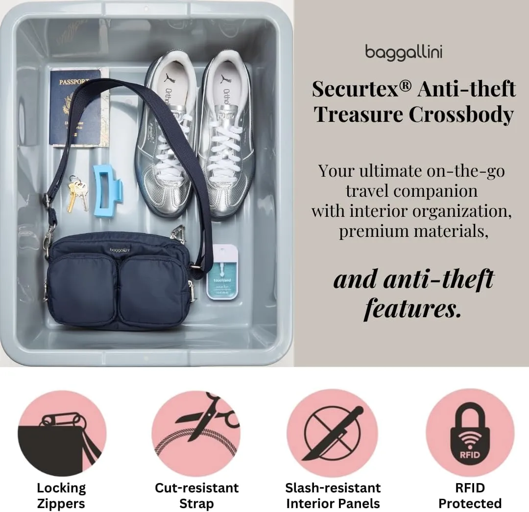 Baggallini Securtex Anti-Theft Treasure Crossbody 9"x5.5" Lightweight Travel Purse with RFID Card Slots Locking Zippers