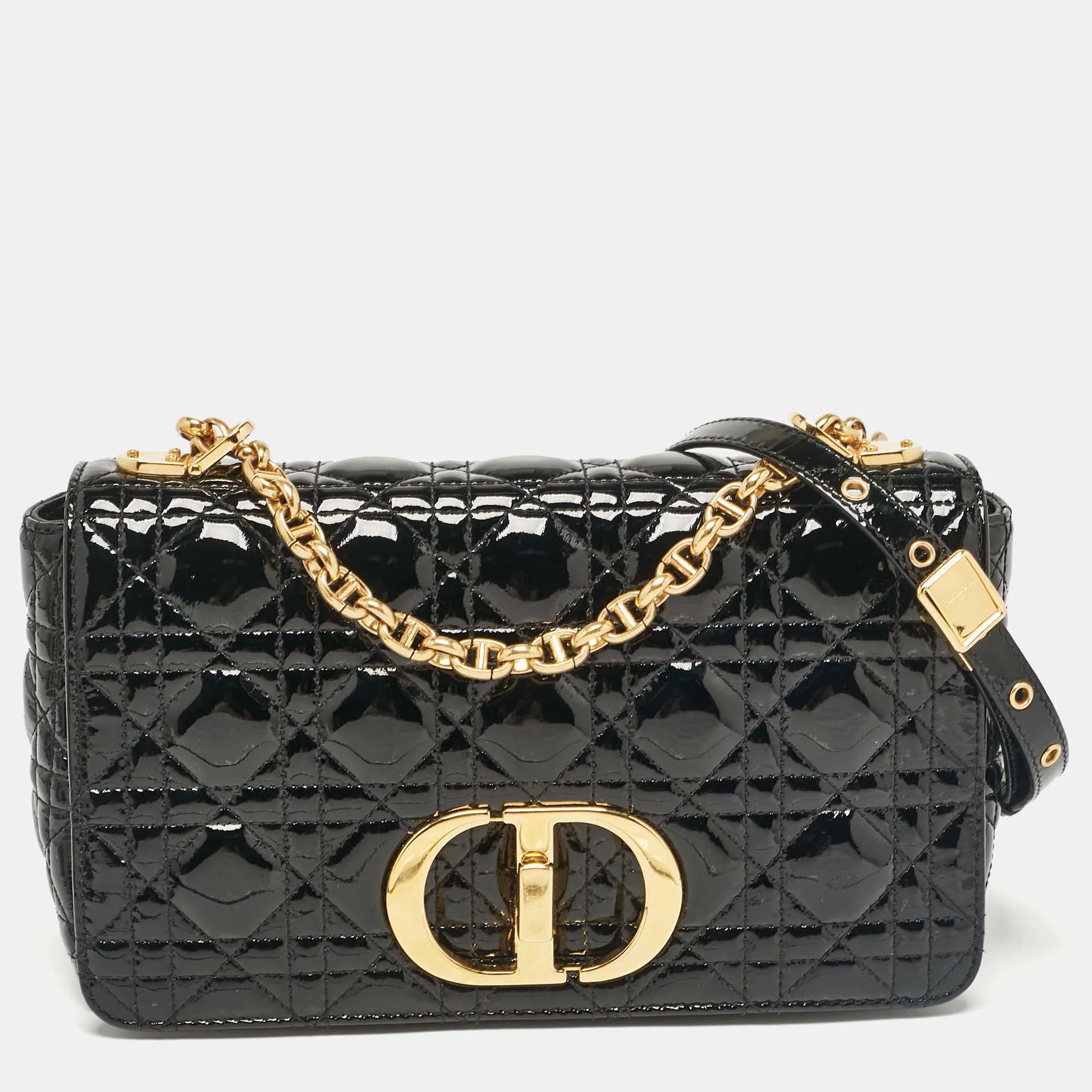 Black Cannage Patent Leather Medium Caro Shoulder Bag