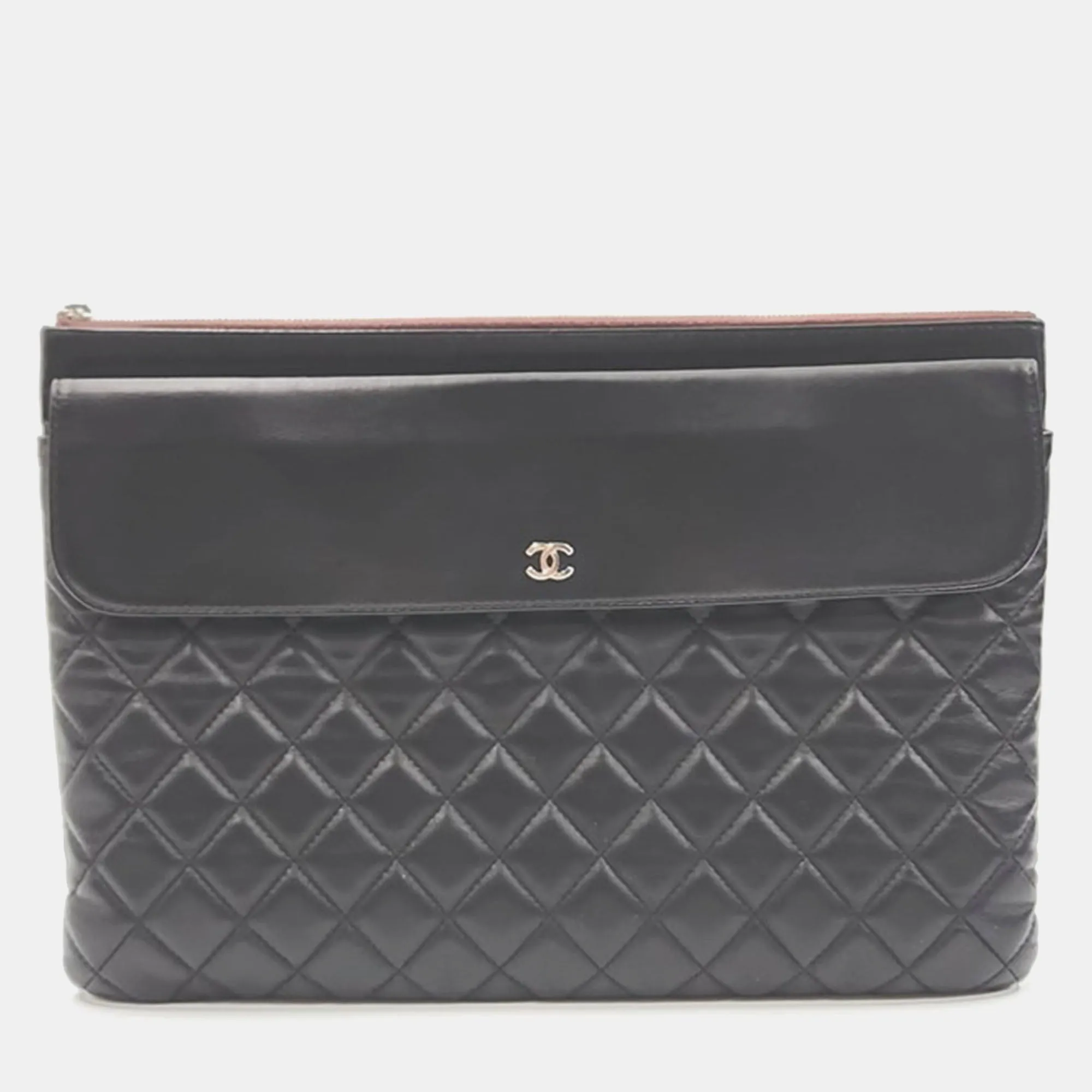 Black Lambskin Leather Pocket Flap Clutch Bag