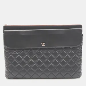 Black Lambskin Leather Pocket Flap Clutch Bag