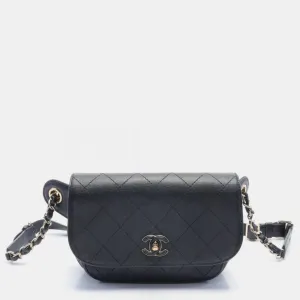 Black Leather Matelasse Waist Bag