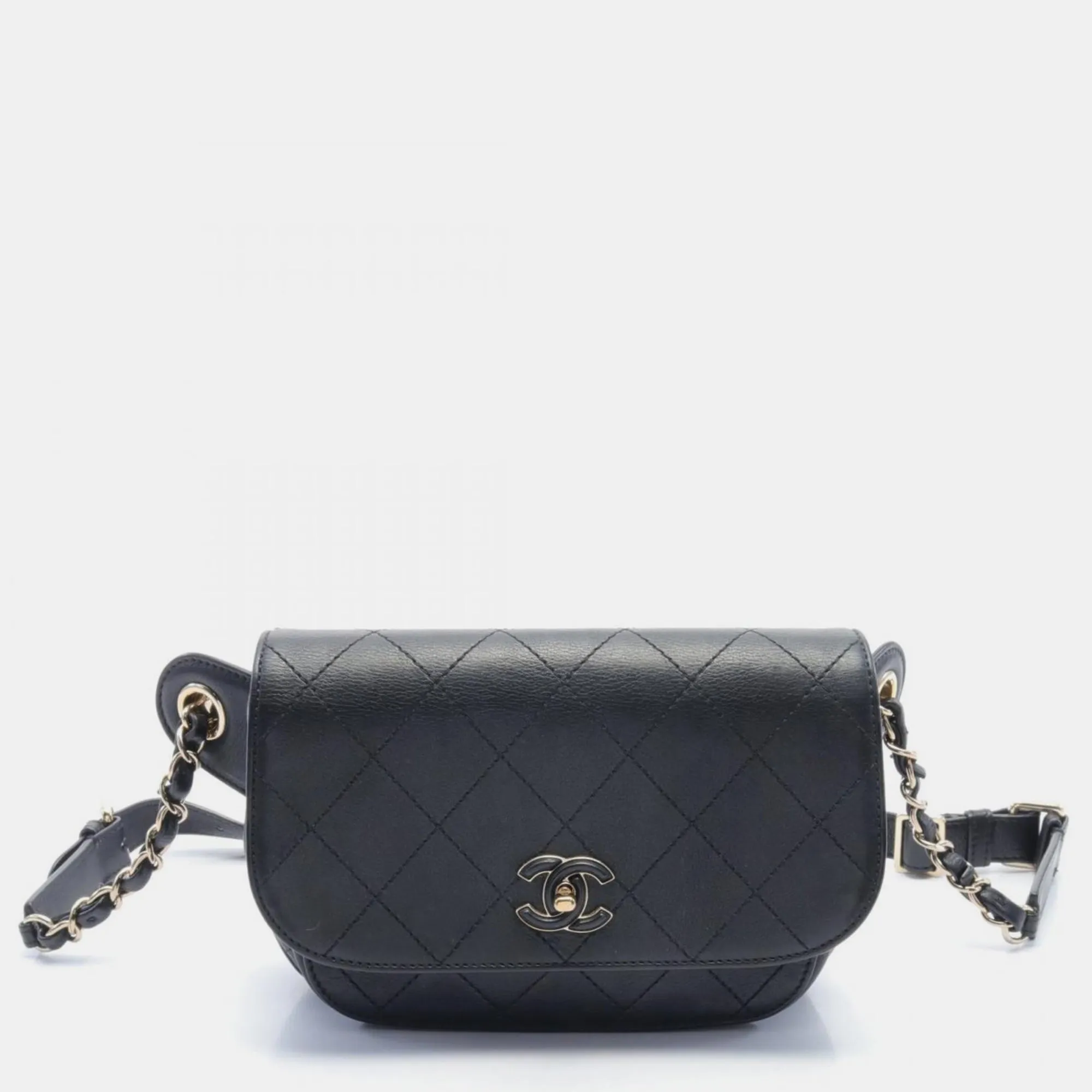 Black Leather Matelasse Waist Bag