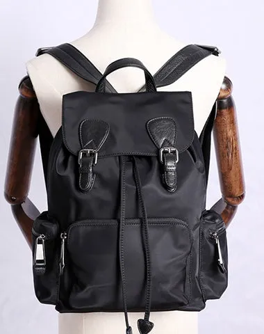 Black Nylon Backpack Womens School Backpacks Bag Nylon Leather Travel Rucksack for Ladies