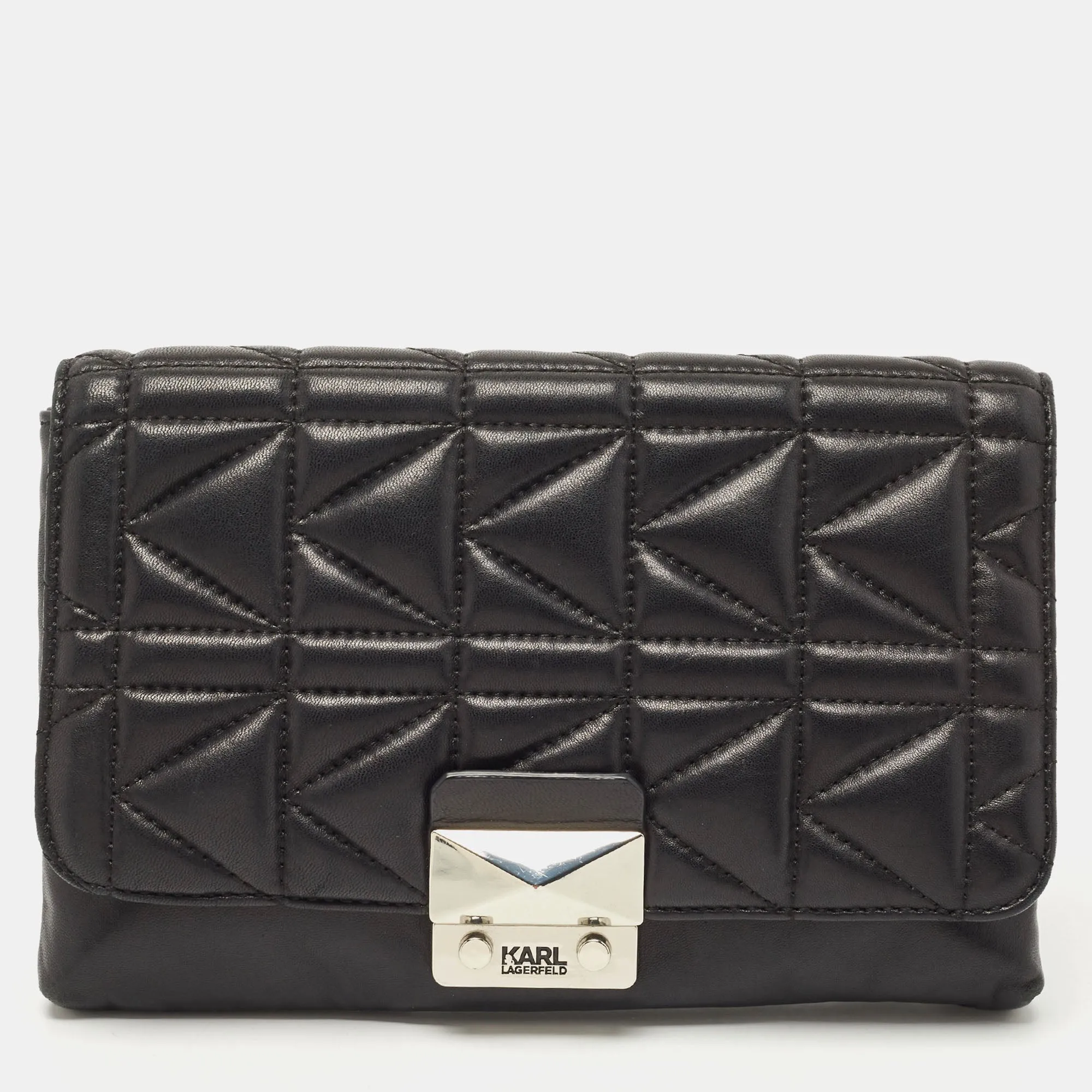 Black Quilted Leather Pushlock Flap Clutch