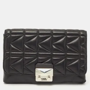 Black Quilted Leather Pushlock Flap Clutch