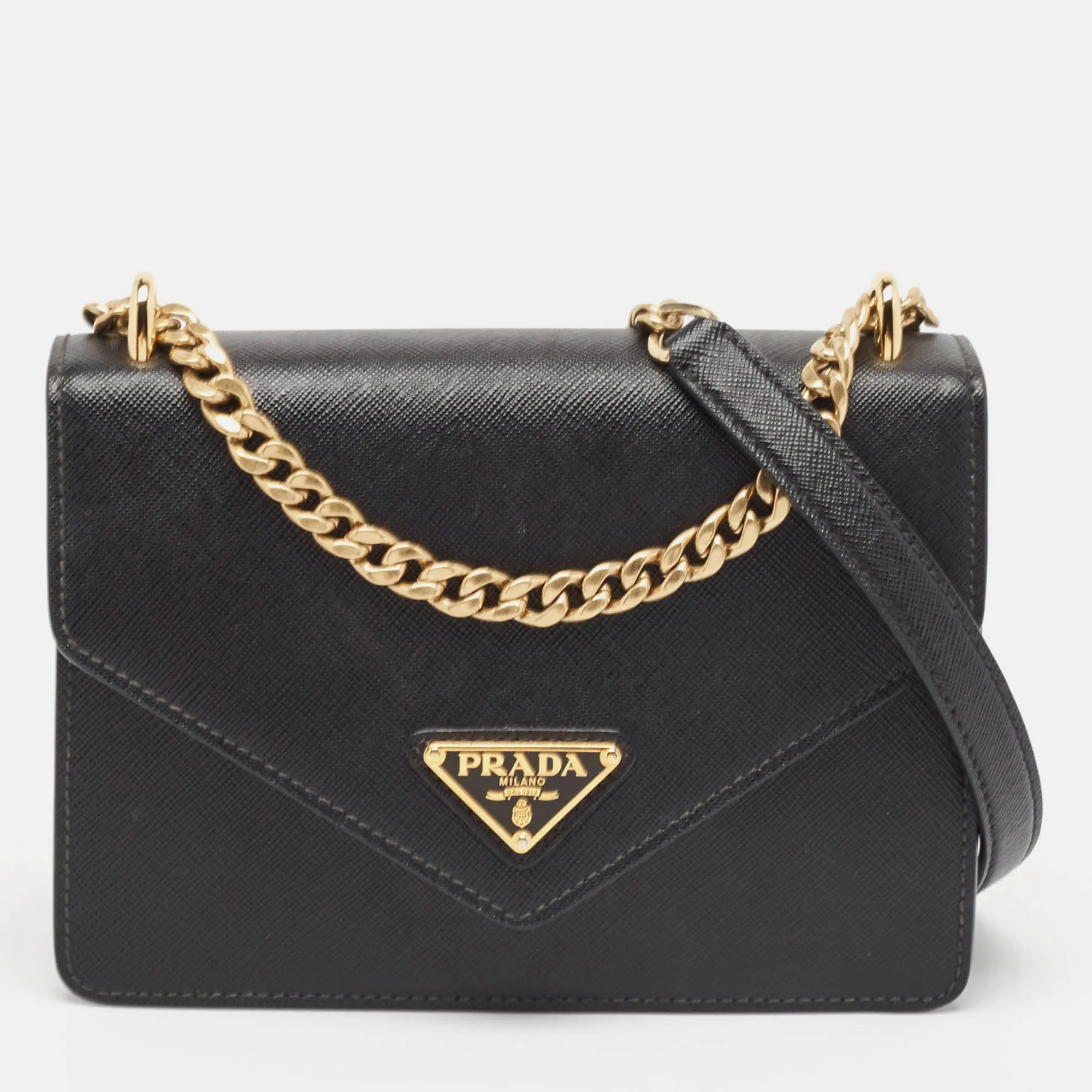 Black Saffiano Lux Leather Envelope Chain Shoulder Bag