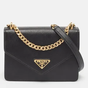 Black Saffiano Lux Leather Envelope Chain Shoulder Bag