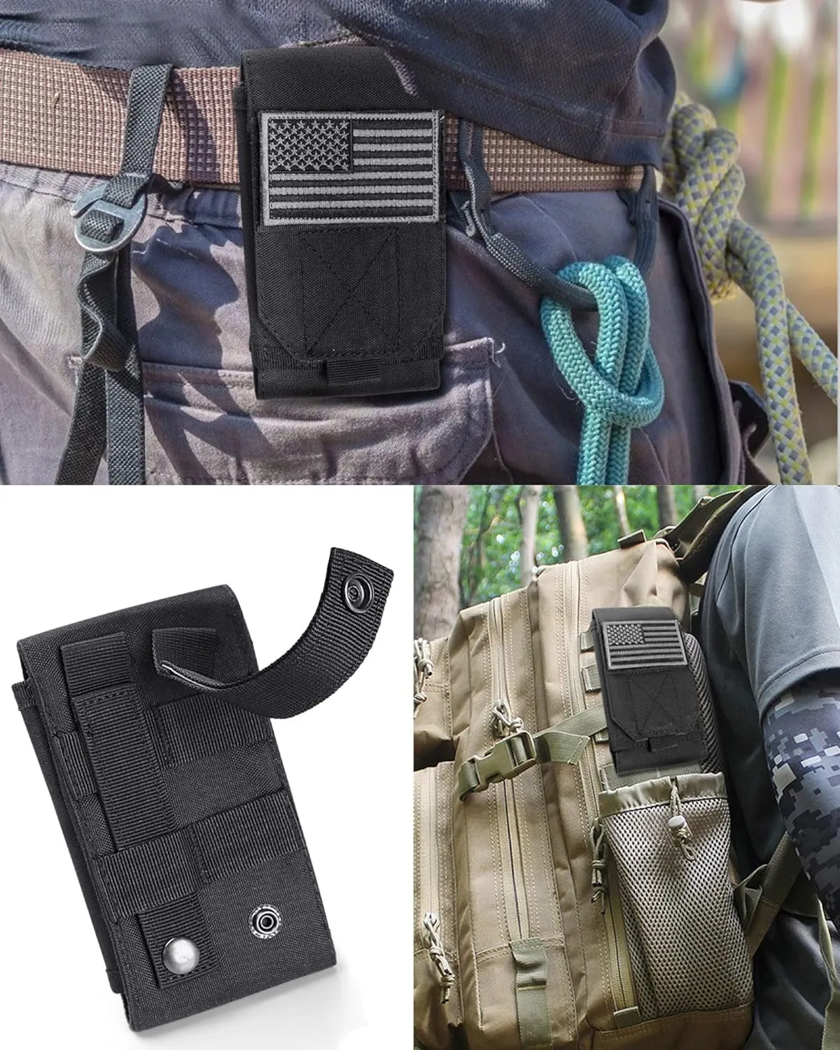 Black Tactical Molle Cellphone Pouch Case,Heavy Duty Waterproof Phone Holster Bag for iPhone 11 12 13 Pro Max Samsung S22 S21 S20 FE Note 20 A02S Less 6.7" Phone with 2 Pack US Flag Patch