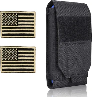 Black Tactical Molle Cellphone Pouch Case,Heavy Duty Waterproof Phone Holster Bag for iPhone 11 12 13 Pro Max Samsung S22 S21 S20 FE Note 20 A02S Less 6.7" Phone with 2 Pack US Flag Patch