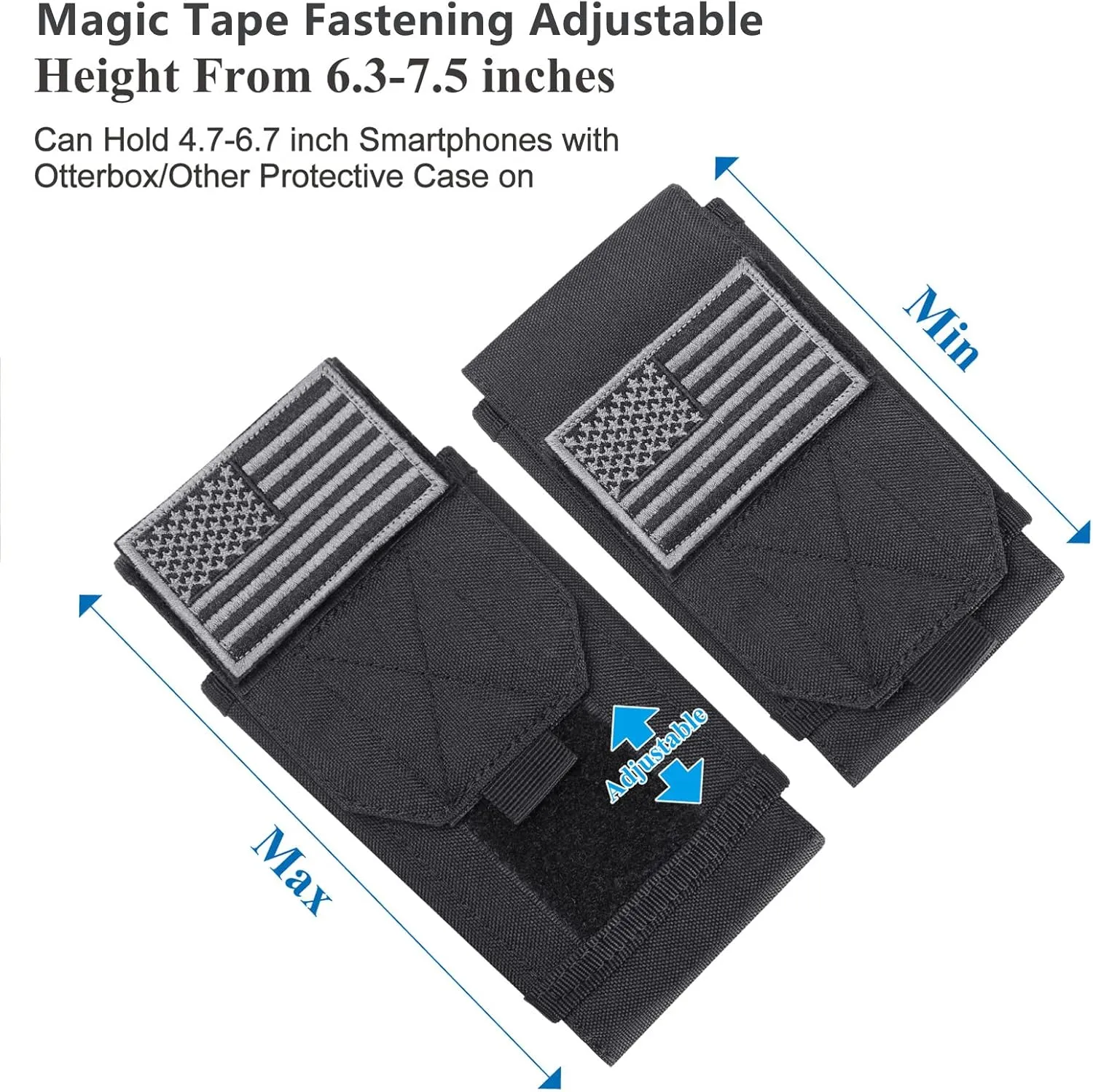 Black Tactical Molle Cellphone Pouch Case,Heavy Duty Waterproof Phone Holster Bag for iPhone 11 12 13 Pro Max Samsung S22 S21 S20 FE Note 20 A02S Less 6.7" Phone with 2 Pack US Flag Patch