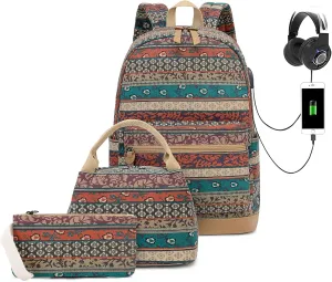 Bohemian Waterproof Laptop Backpack with USB Charging Port and and Headphone Interface, Water Resistant 15.6 Inch College School Backpack with Lunch Bag and Pencil Bag for Women/Girls/Business/Travel