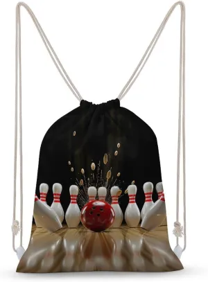 Bowling Ball Strikes Bowling Pins Drawstring Backpack Canvas Double Shoulder Bag Sports Gym Sackpack String Bag for Women Men 35x50cm