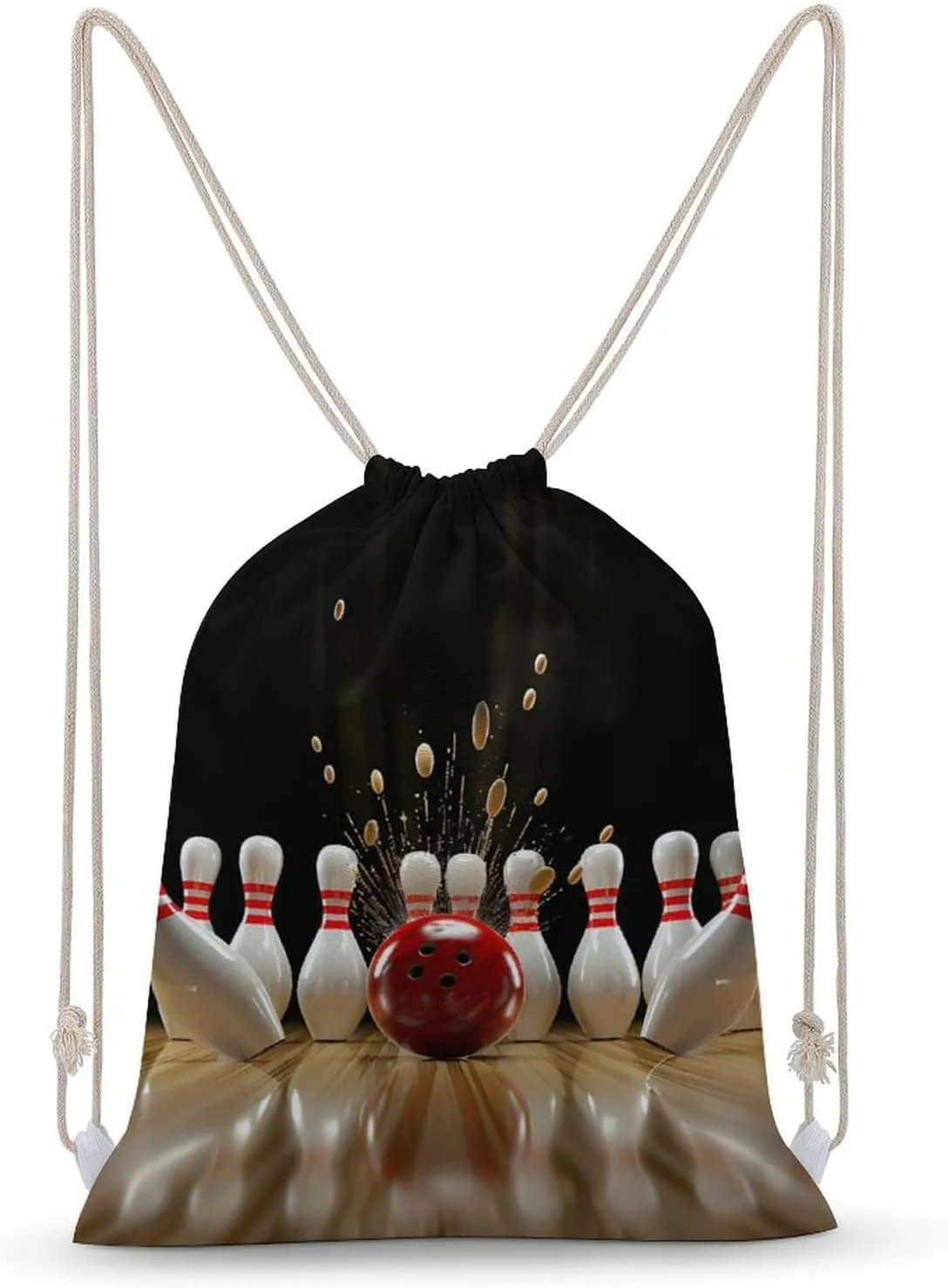 Bowling Ball Strikes Bowling Pins Drawstring Backpack Canvas Double Shoulder Bag Sports Gym Sackpack String Bag for Women Men 35x50cm
