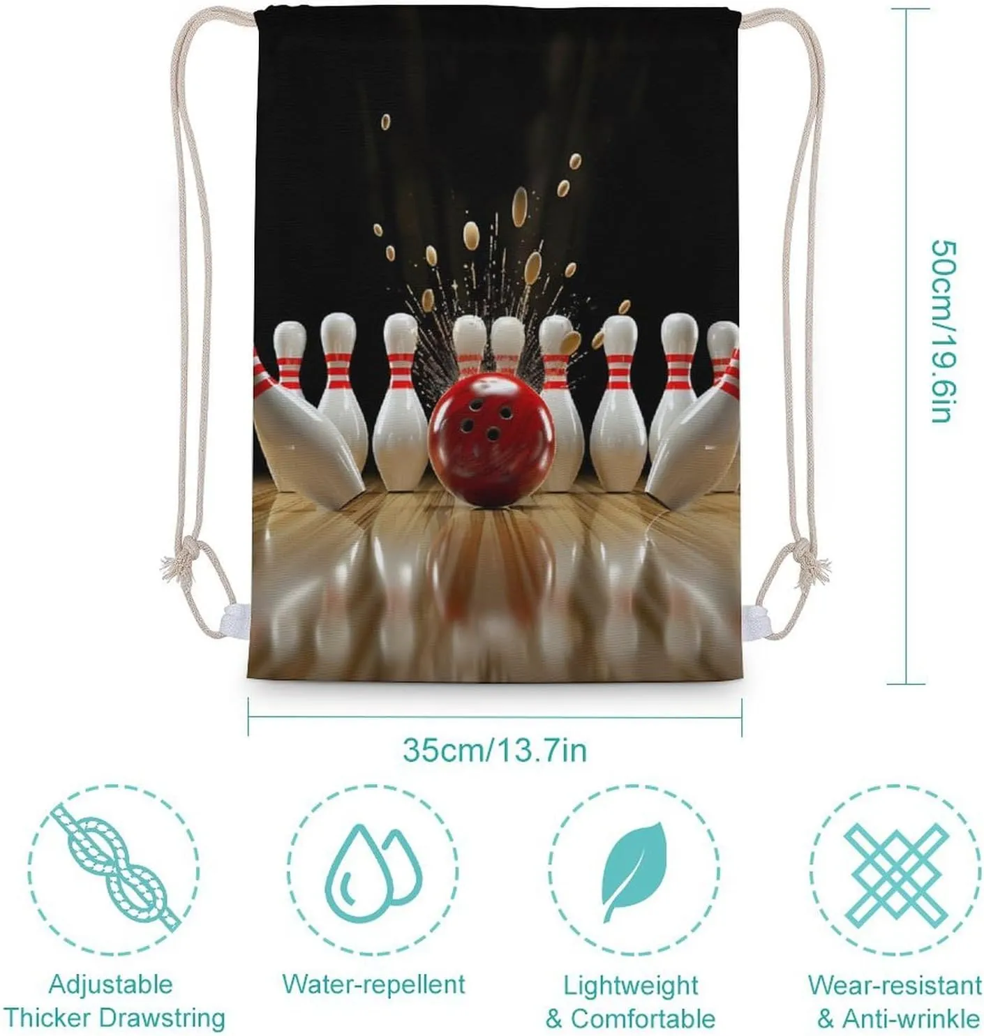 Bowling Ball Strikes Bowling Pins Drawstring Backpack Canvas Double Shoulder Bag Sports Gym Sackpack String Bag for Women Men 35x50cm