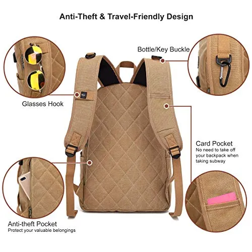 Canvas Laptop Backpack, Waterproof School Backpack With USB Charging Port For Men Women, Vintage Anti-theft Travel Daypack College Student Rucksack Fits up to 15.6 inch Computer(Brown)