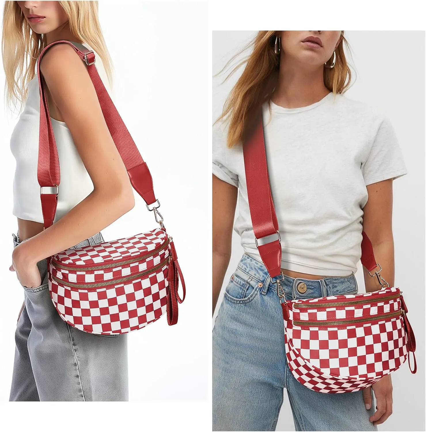Checkered Crossbody Bum Bags for Women Nylon Checkered Purse Checkerboard Fanny Pack