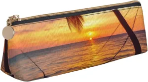 Coconut Beach Sunset Hammock Makeup Bag Leather Pencil Case for Work Office Zippered Pen Pouch Aesthetic Pencil Storage Bag Portable Coin Pouch Purse for Travel