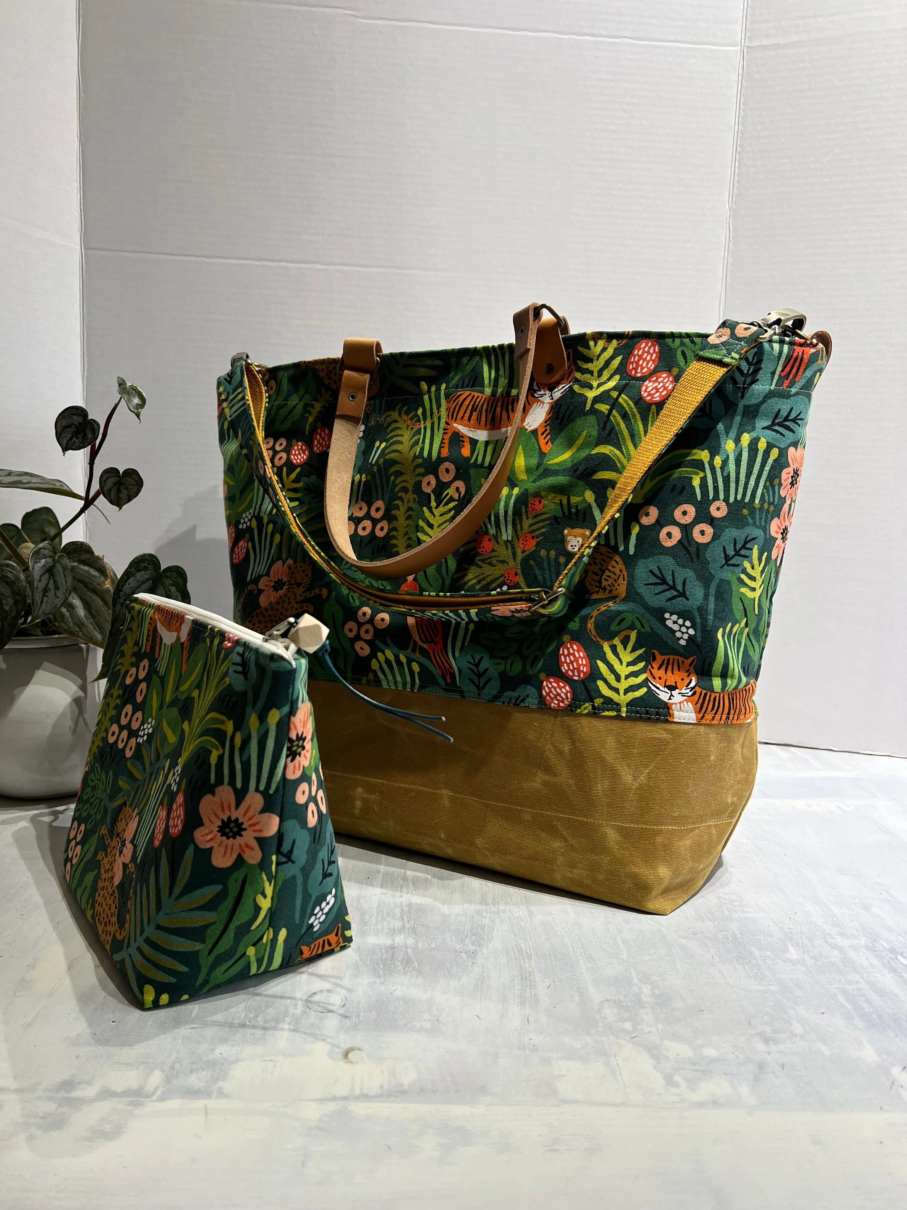 Customized Traveller Tote Set Rifle Paper Co Jungle Hunter, Hand Waxed Canvas