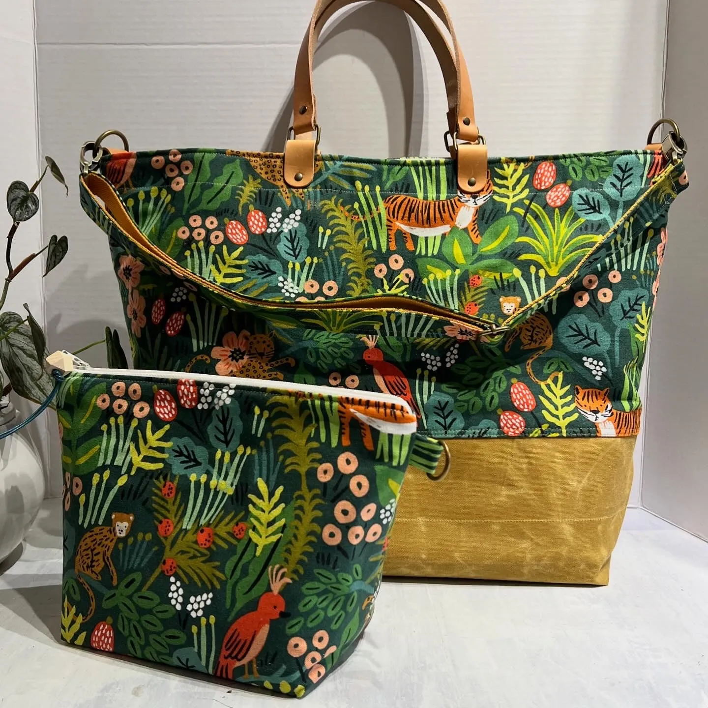 Customized Traveller Tote Set Rifle Paper Co Jungle Hunter, Hand Waxed Canvas