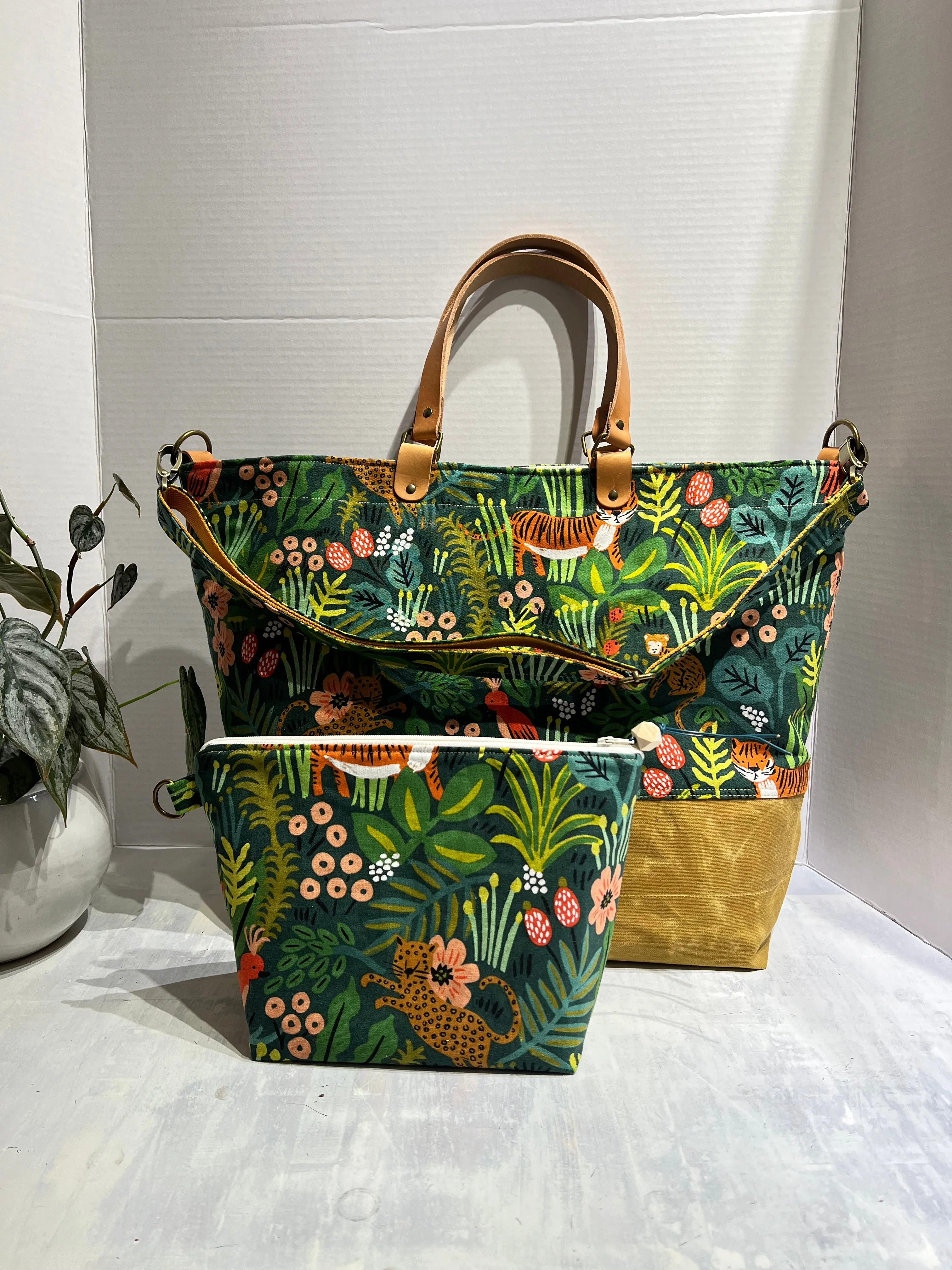 Customized Traveller Tote Set Rifle Paper Co Jungle Hunter, Hand Waxed Canvas