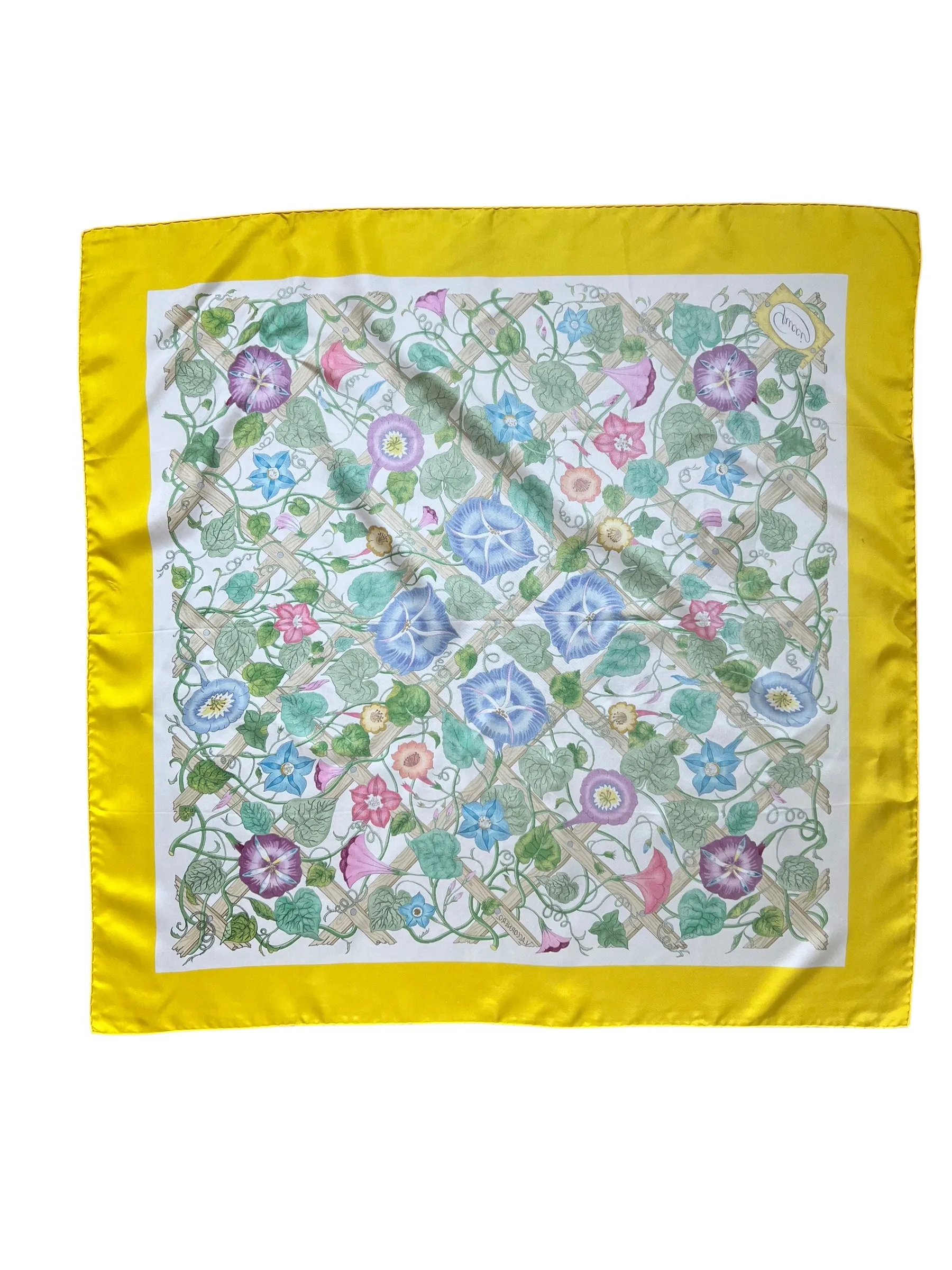Gucci Iconic Yellow Border Lattice Floral Printed Square Silk Scarf