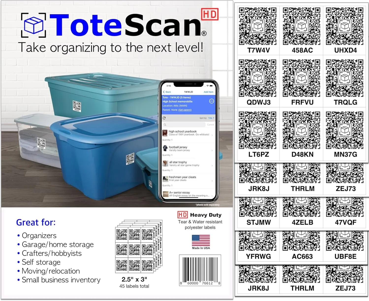 HD (Heavy Duty) Intelligent QR Labels for Organization/Moving/Storage (45 Unique Labels, 2.5"x3")