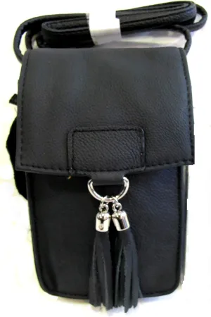 Heavy Duty Leather Cross Body Smart Phone Purse Fit Any Model - BLACK
