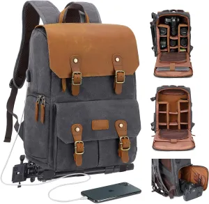 JAEP Camera Backpack - Weather Resistant 16 Ounces Waxed Memory Canvas  DSLR SLR Backpacks with 15.6 laptop sleeve compartment and Tripod Holder for Photographers -Vintage leather Style (Dark Grey)