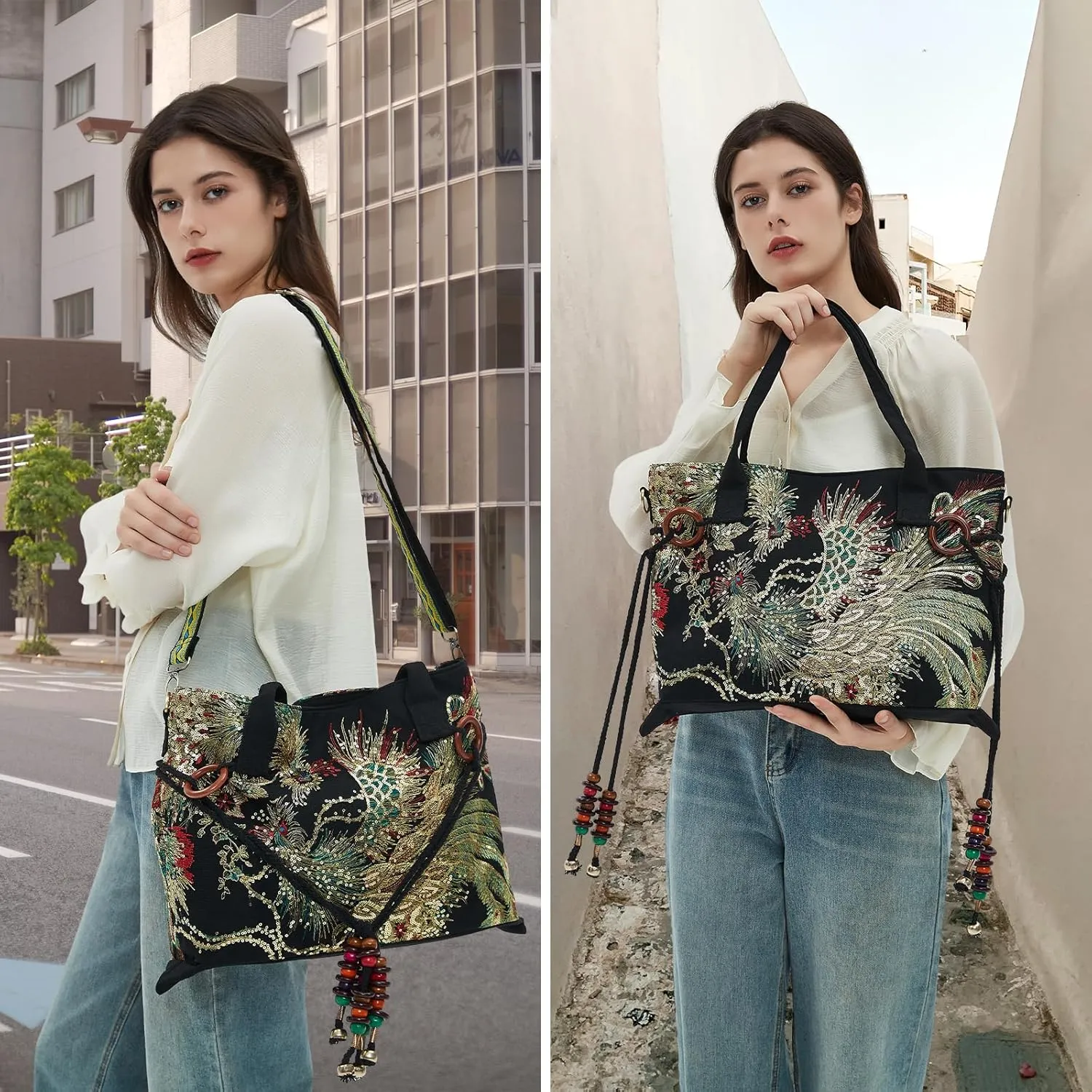 Jursccu Women Canvas Tote Bags Embroidery Handbags Stylish Casual Shoulder Bags