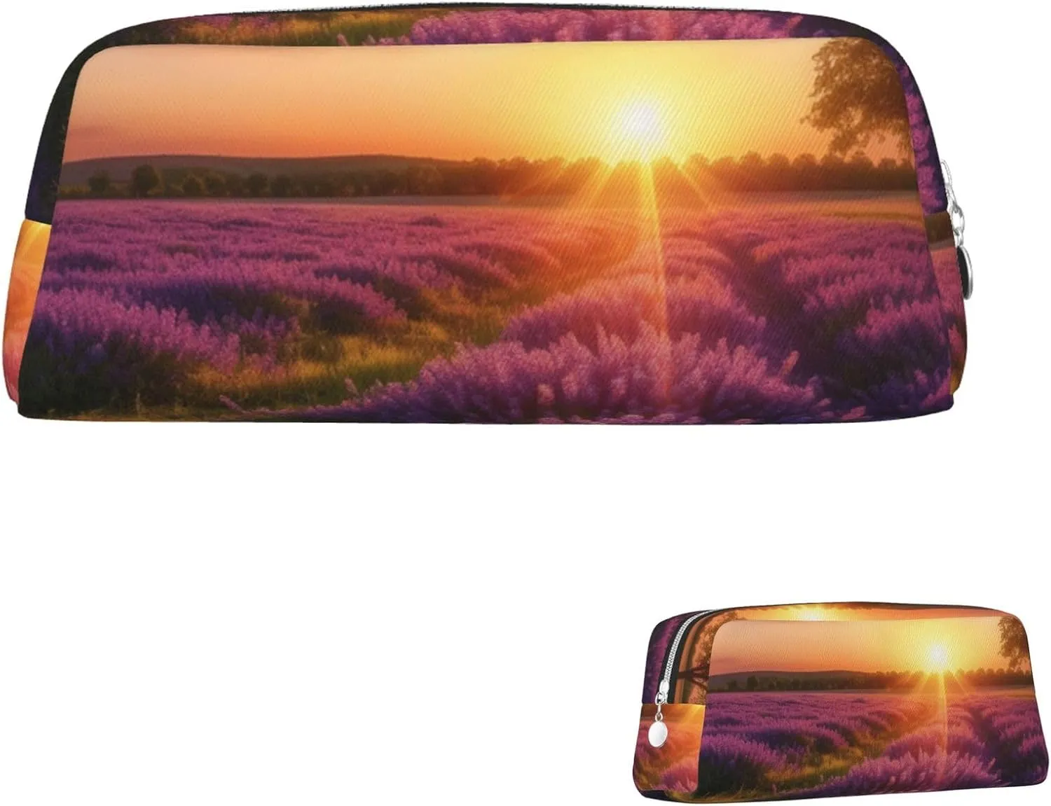 Lavender Meadow at Sunset Spring Pencil Case Large Capacity Pencil Pouch Aesthetic Pen Bag Leather Makeup Bag for Women Men Travel Toiletry Bags Zipper Cosmetic Bag Wide-open Coin Pouch Purse