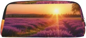 Lavender Meadow at Sunset Spring Pencil Case Large Capacity Pencil Pouch Aesthetic Pen Bag Leather Makeup Bag for Women Men Travel Toiletry Bags Zipper Cosmetic Bag Wide-open Coin Pouch Purse