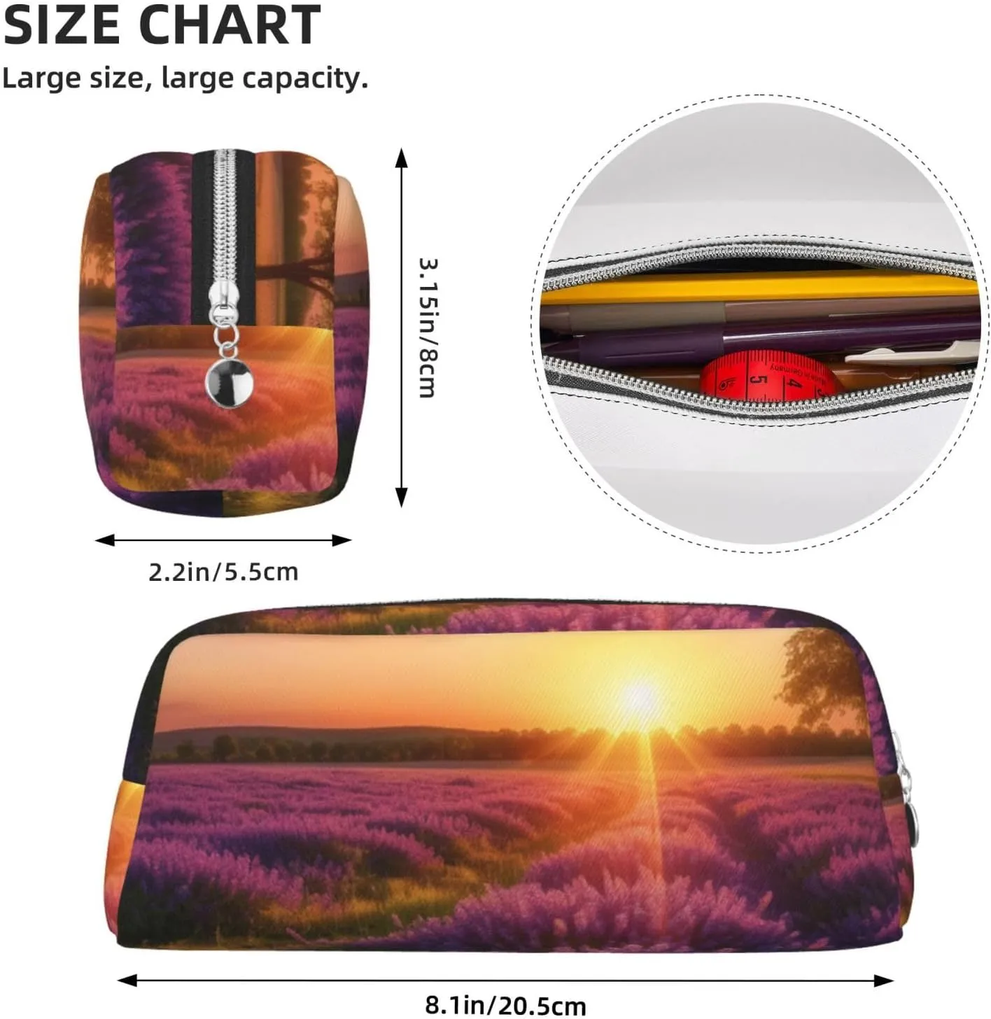 Lavender Meadow at Sunset Spring Pencil Case Large Capacity Pencil Pouch Aesthetic Pen Bag Leather Makeup Bag for Women Men Travel Toiletry Bags Zipper Cosmetic Bag Wide-open Coin Pouch Purse