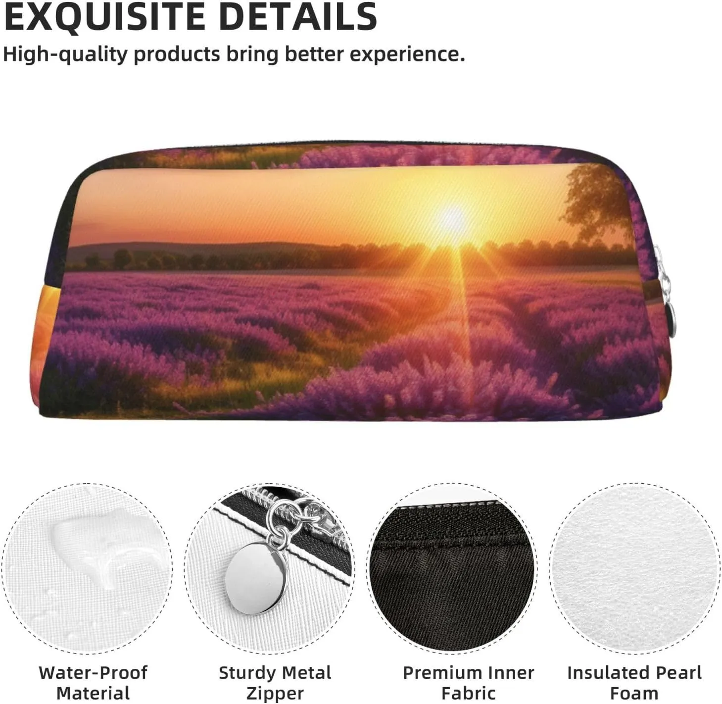 Lavender Meadow at Sunset Spring Pencil Case Large Capacity Pencil Pouch Aesthetic Pen Bag Leather Makeup Bag for Women Men Travel Toiletry Bags Zipper Cosmetic Bag Wide-open Coin Pouch Purse
