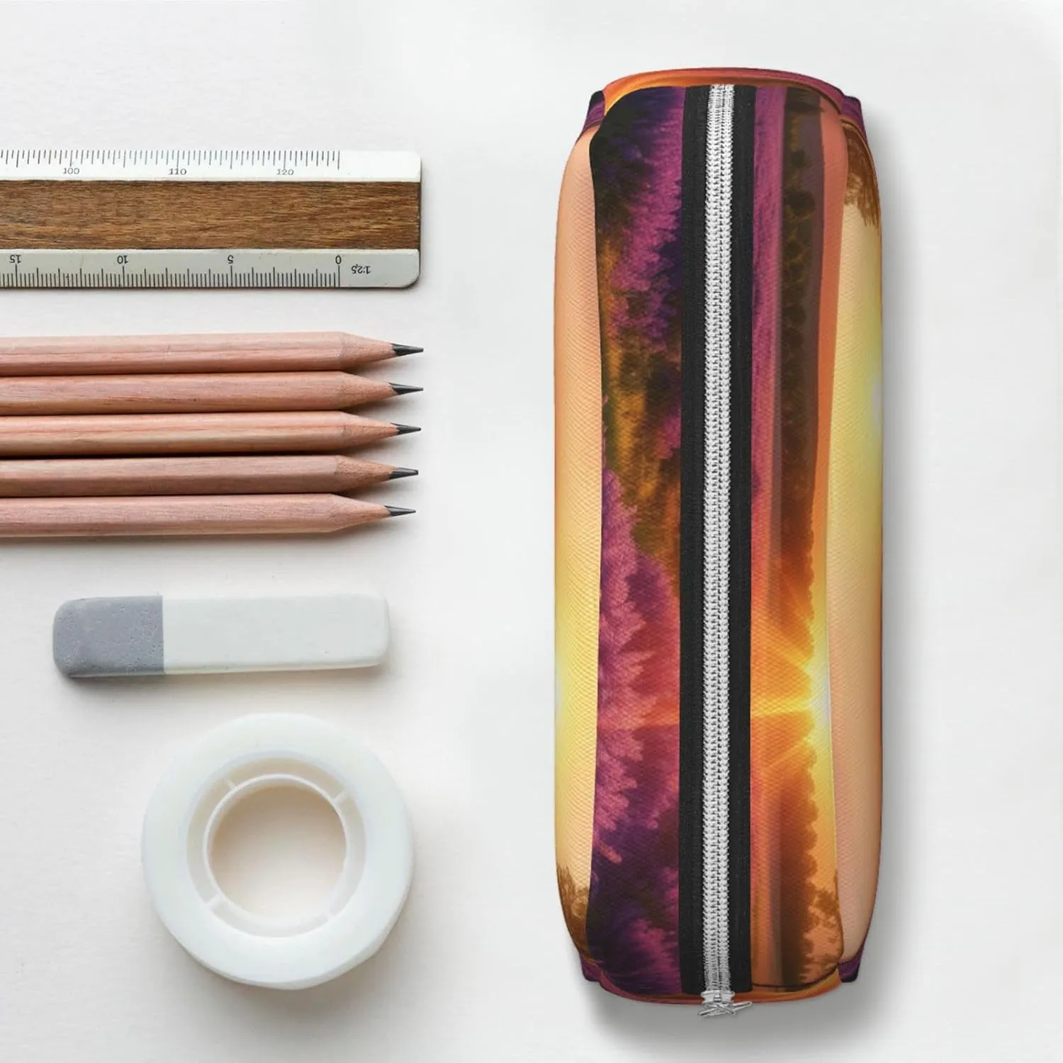 Lavender Meadow at Sunset Spring Pencil Case Large Capacity Pencil Pouch Aesthetic Pen Bag Leather Makeup Bag for Women Men Travel Toiletry Bags Zipper Cosmetic Bag Wide-open Coin Pouch Purse