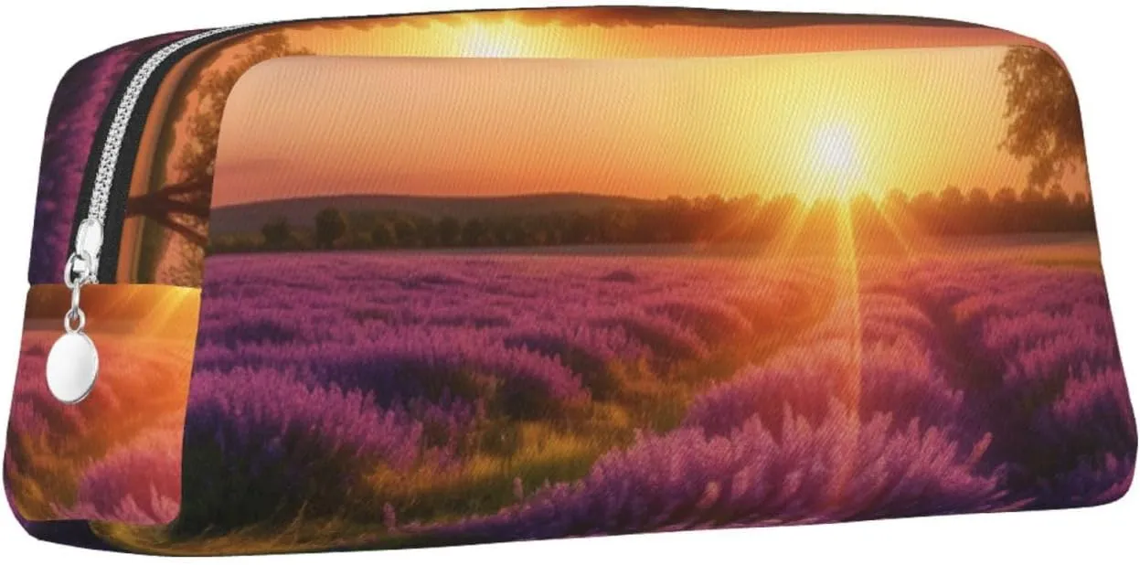 Lavender Meadow at Sunset Spring Pencil Case Large Capacity Pencil Pouch Aesthetic Pen Bag Leather Makeup Bag for Women Men Travel Toiletry Bags Zipper Cosmetic Bag Wide-open Coin Pouch Purse