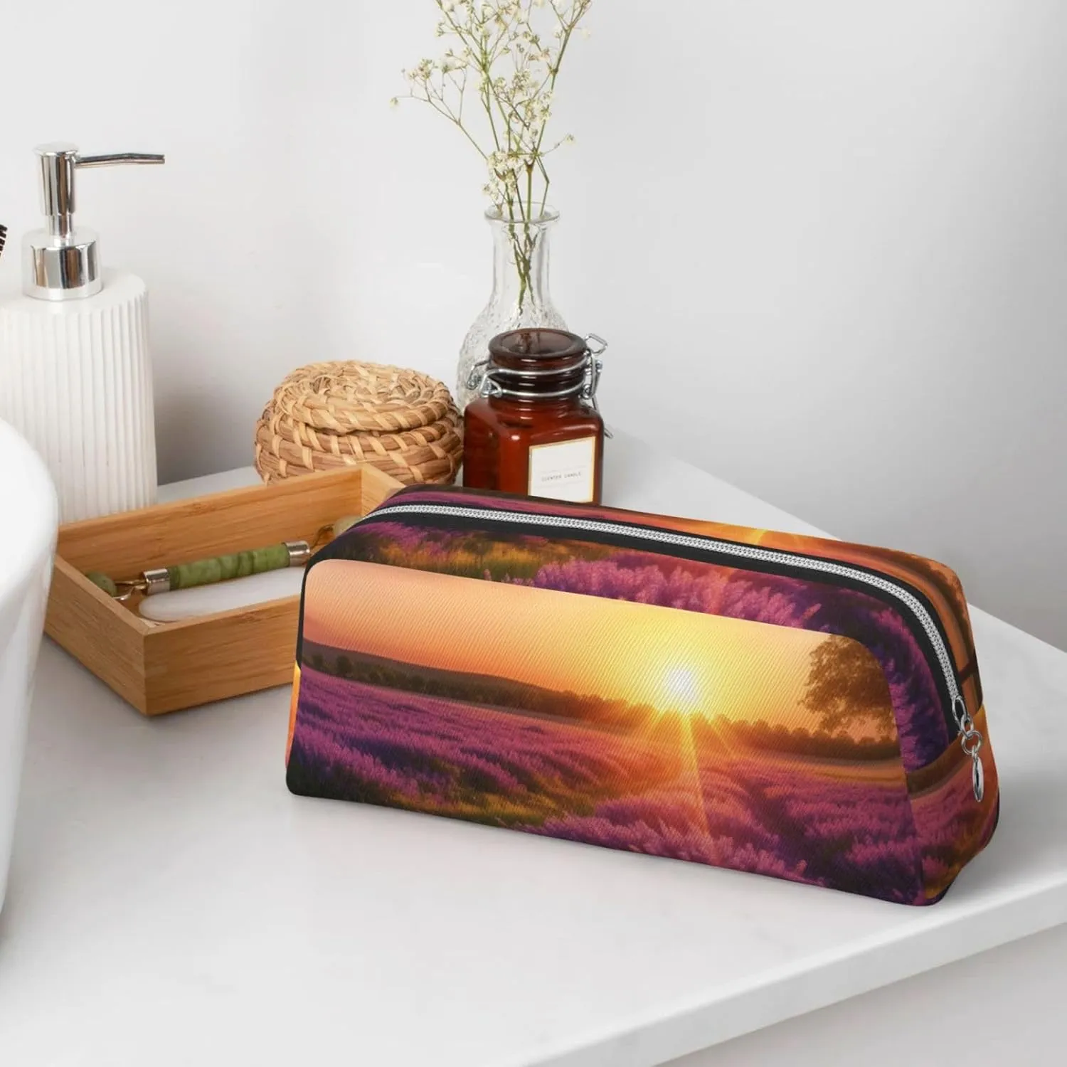 Lavender Meadow at Sunset Spring Pencil Case Large Capacity Pencil Pouch Aesthetic Pen Bag Leather Makeup Bag for Women Men Travel Toiletry Bags Zipper Cosmetic Bag Wide-open Coin Pouch Purse