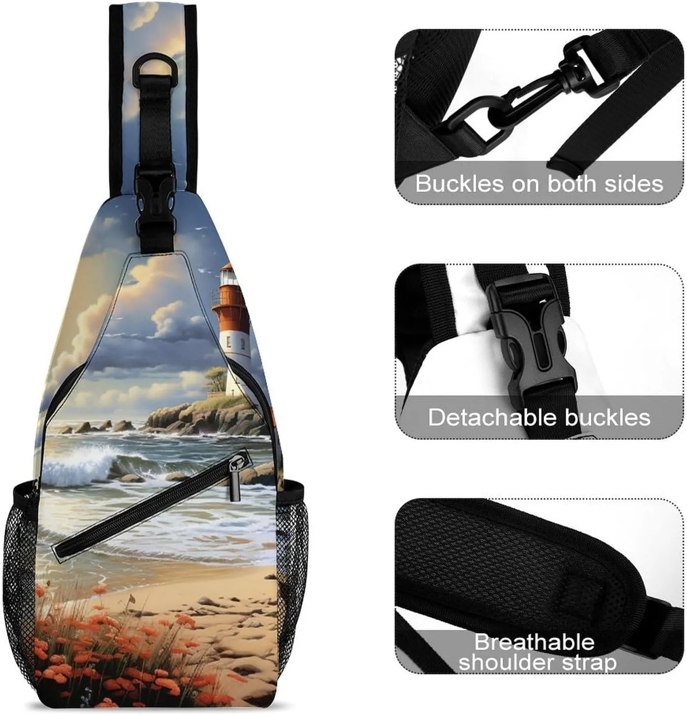 Lightweight Chest Bag Crossbody Bag Sea Lighthouse Sandbeach Sling Backpack for Women Men Sports Travel