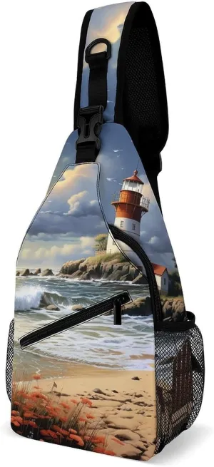 Lightweight Chest Bag Crossbody Bag Sea Lighthouse Sandbeach Sling Backpack for Women Men Sports Travel